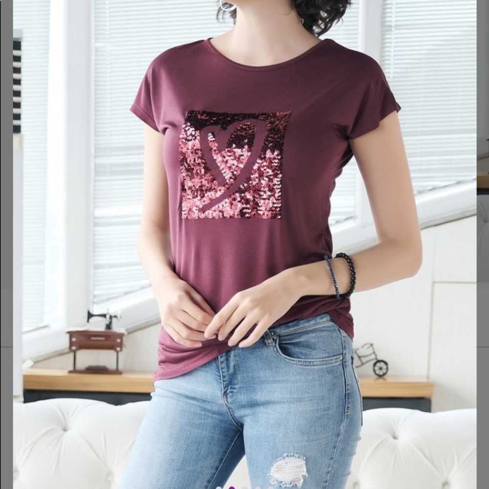 Burgundy heart sequin tee